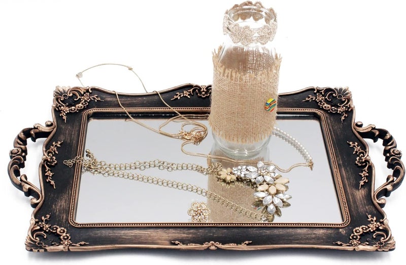 Tstarer Antique Decorative Gold Framed Square Mirror Tray, Jewelry & Cosmetics Organizer for Dresser, Square - 9.5" W x 14.5" L (Bronze) - Image 2
